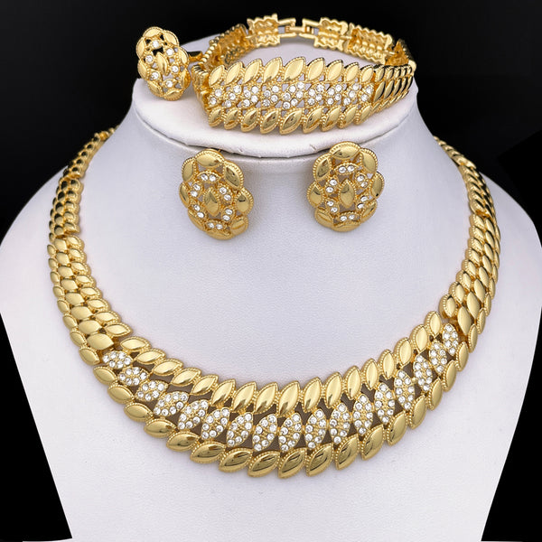 New Design Brazil Gold Color Jewelry For Women Dubai Fashion Necklace Earrings Ring Bracelet Set