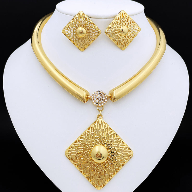 Necklace With Earrings For Women Square Large Pendant Brazilian Gold Jewelry Set