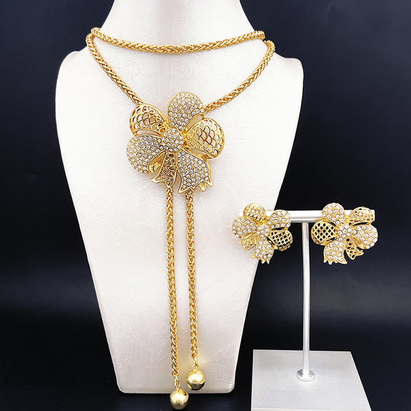 Dubai Gold Colored Jewelry For Women Long Chain Necklacet Earrings Set