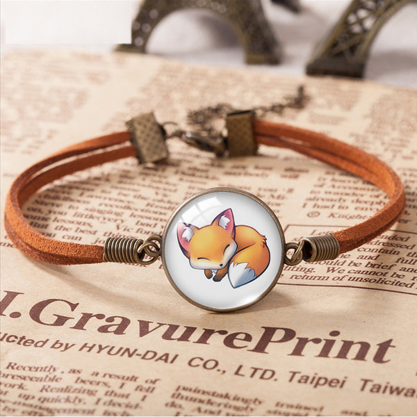 Sleeping Fox Leather Bracelets Round Glass 20mm Cute Pattern Hand Accessories