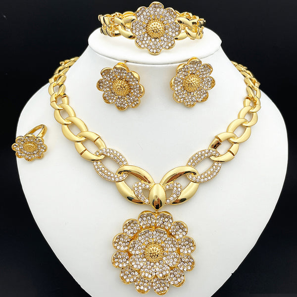 Dubai Gold Color Jewelry Set Women Necklace Earrings Flower Large Pendant