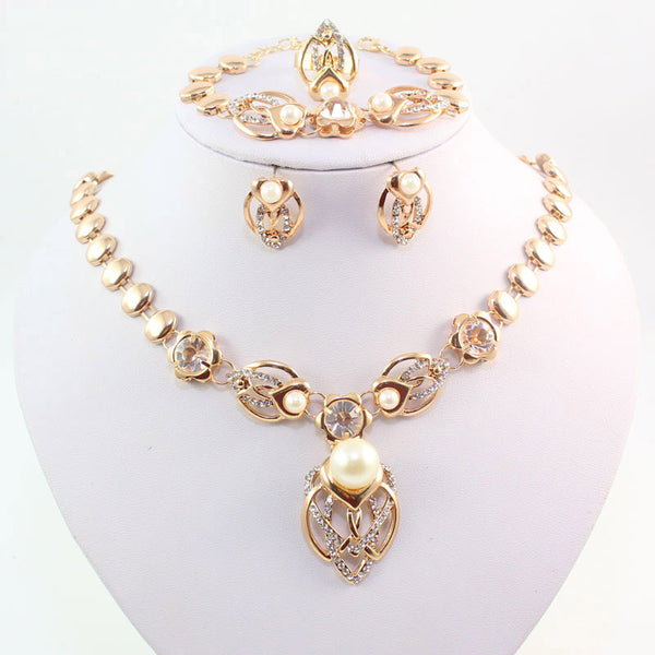 Gold Color Imitation Pearl Wedding Costume Necklace Earrings Sets