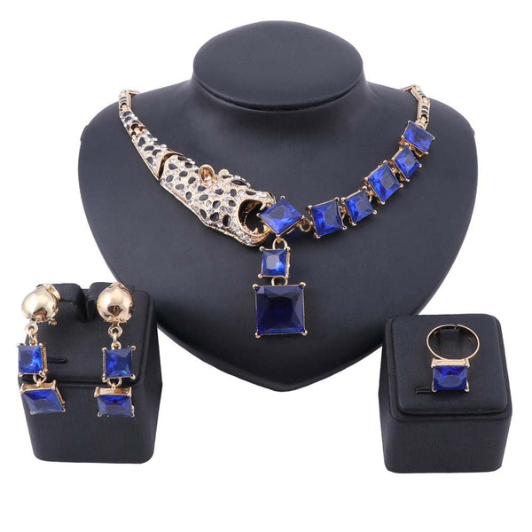 Crystal Leopard Statement Necklace Earring Ring Jewelry Sets