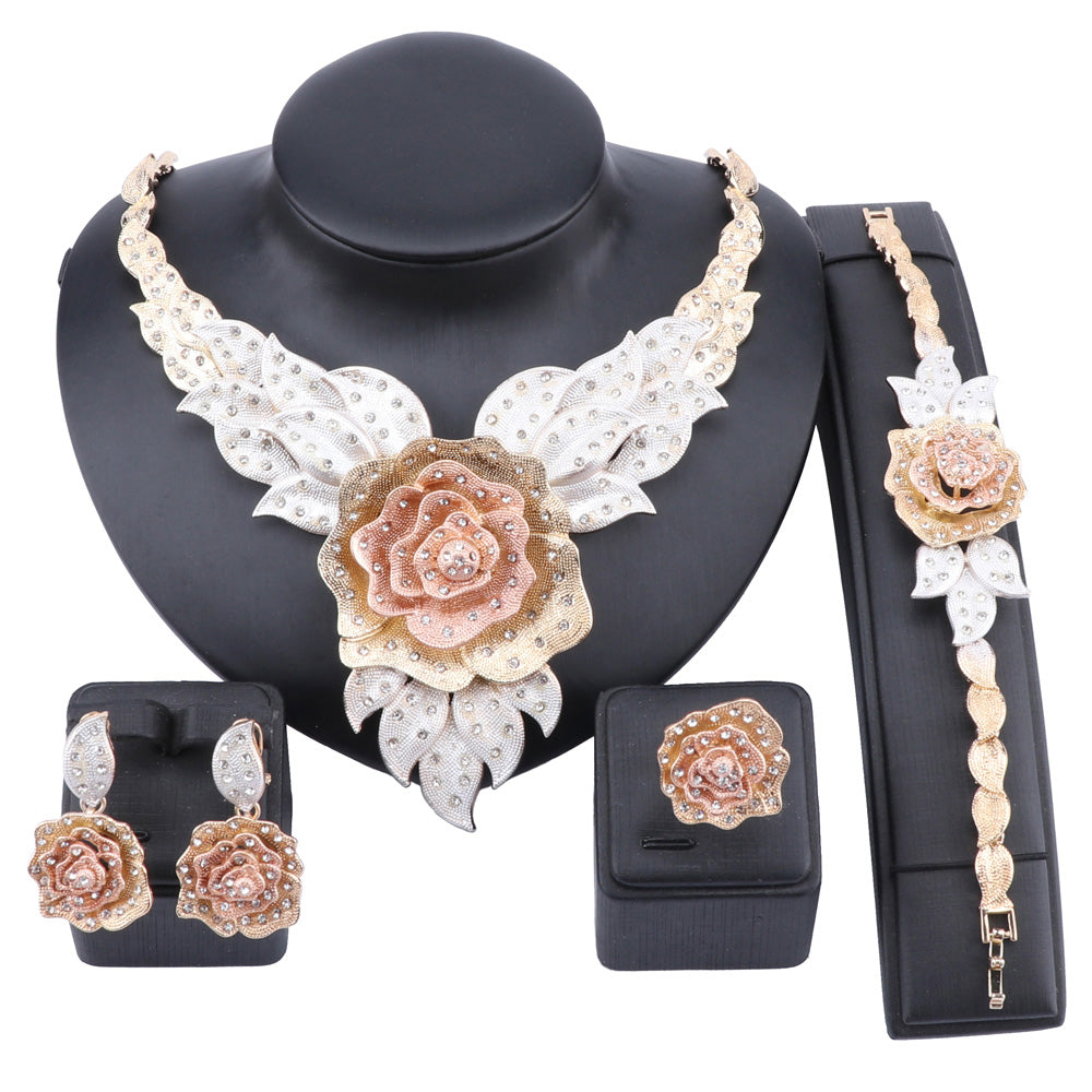 Party Bridal Fine Crystal Rose Flower Necklace Jewelry Sets