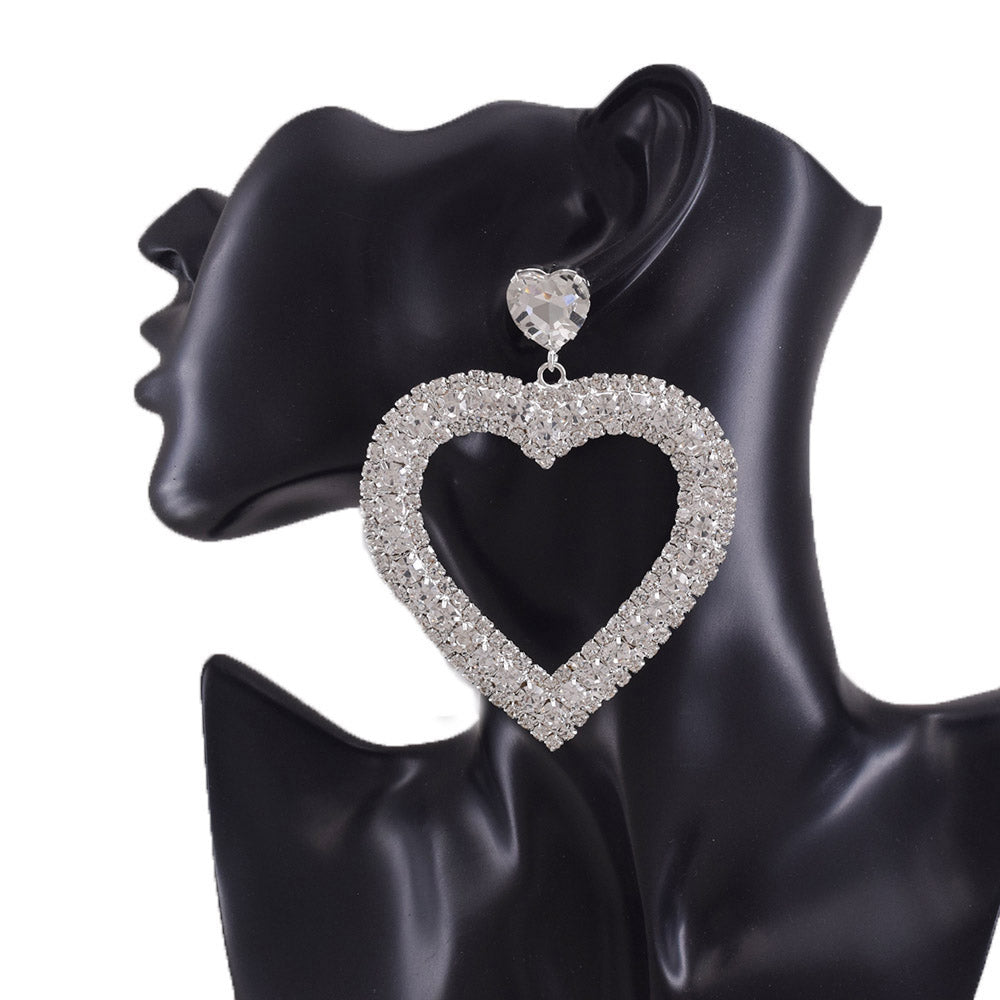 8.5cm Big Dangle Heart Earrings for Women Wedding Jewelry AB Rhinestones Crystal Cute Gift