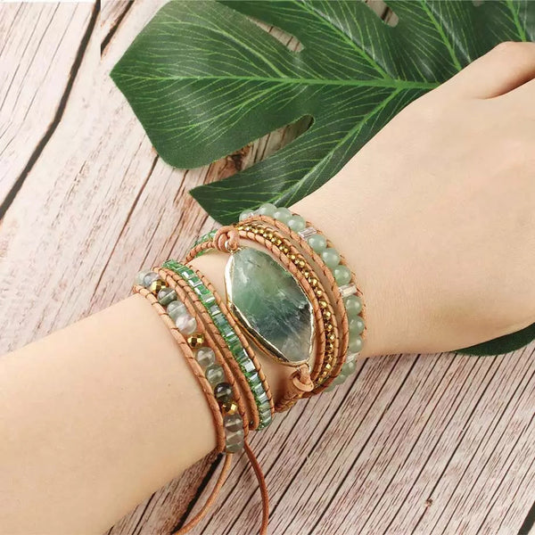 Natural Stone Bracelets Green Fluorite Crystal Aventurine Bead Leather Wrap Bracelet