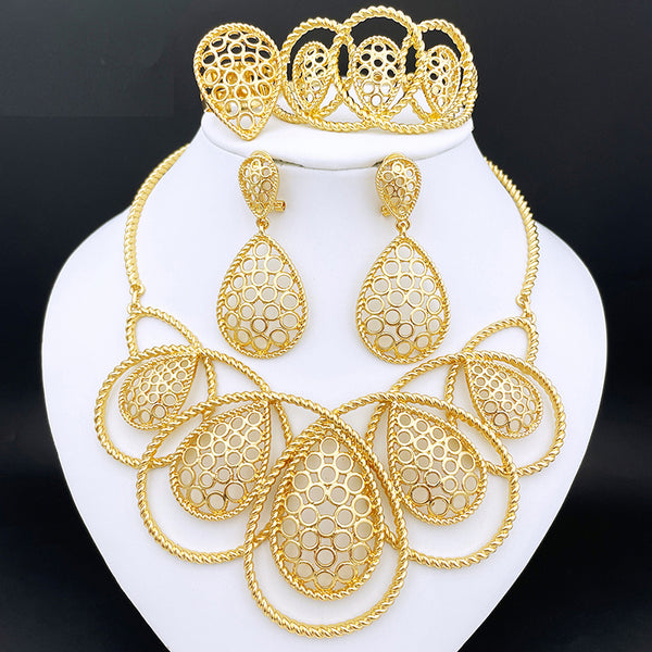 African Women Large Necklace Set Dubai Gold Color Jewelry Big Earrings Charm Bracelet