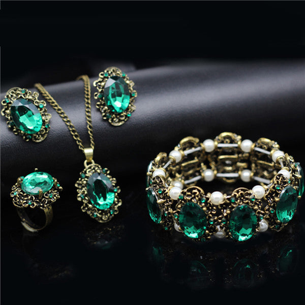 Green Crystal Antique Bronze Jewelry Set