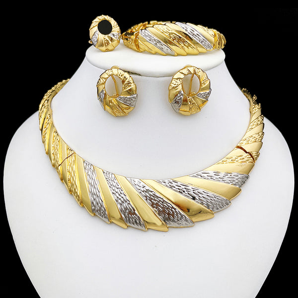 African Gold Color Jewelry Sets Dubai women Pattern Necklace Eyelet Earrings Charm Bracelet