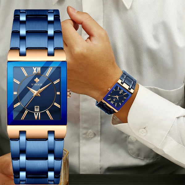 Luxury Square Blue Men's Wristwatch Stainless Steel Waterproof Quartz Clock