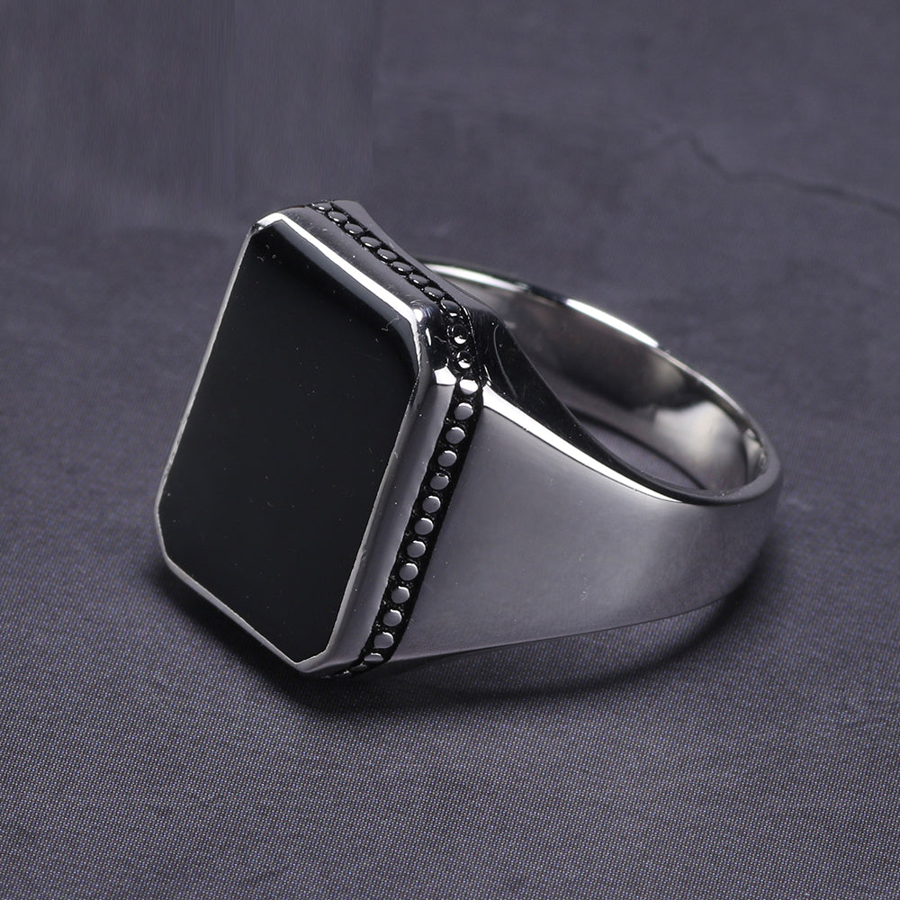 925 Sterling Silver Simple For Men With Black Square  Ring