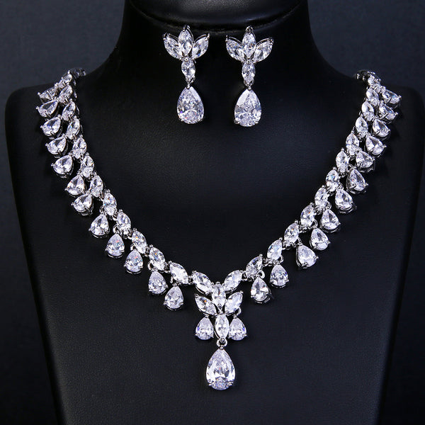 Luxury Sparking Brilliant Cubic Zircon Drop Earring Necklace Jewelry Set