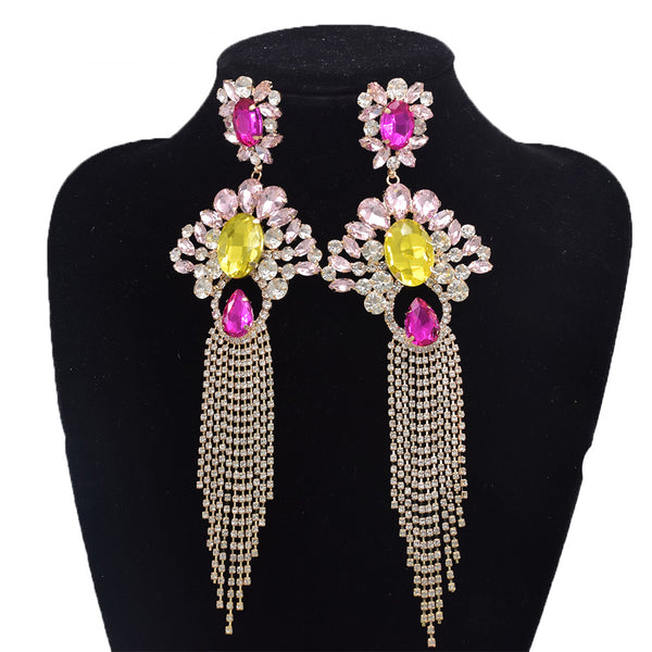 20.5CM Long Tassel Elegant Pink color Rhinestones Earrings for Women