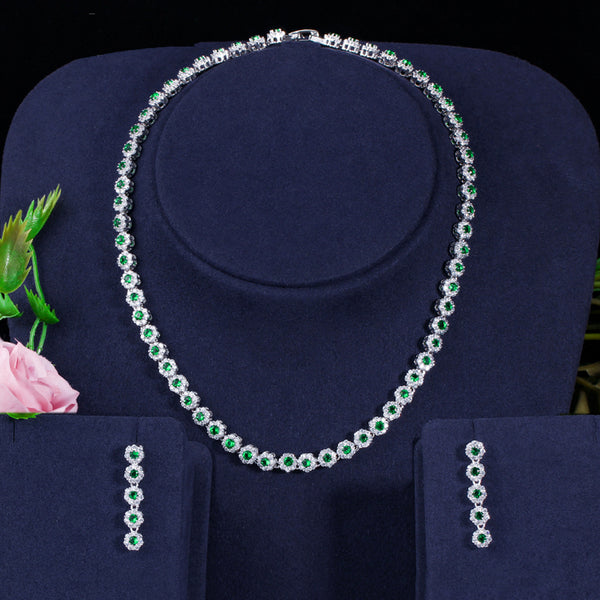 Green Crystal and CZ Stone Costume Earrings Necklace Jewelry Sets