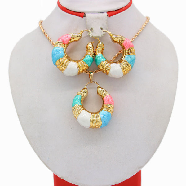 Multicolour  Pendant/Earrings/Necklace Gold Set