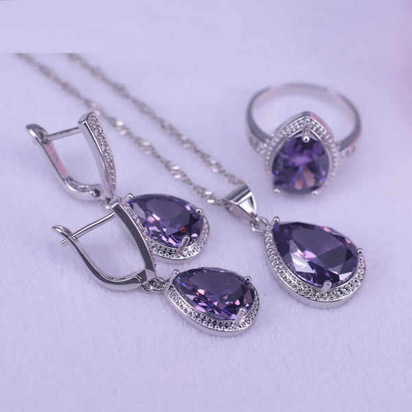 Many Colors Purple Crystal Silver Color Jewelry Set