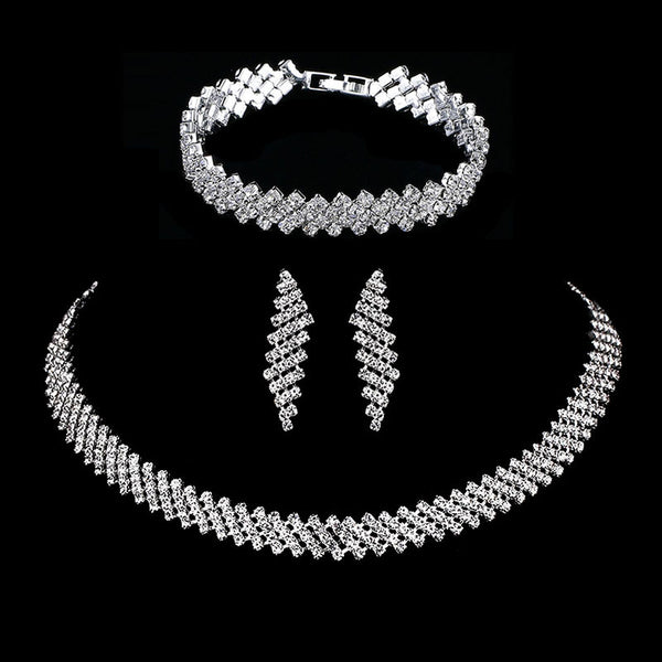 Silver Color Rhinestone Choker Necklace Earrings Bracelet Wedding Jewelry Set