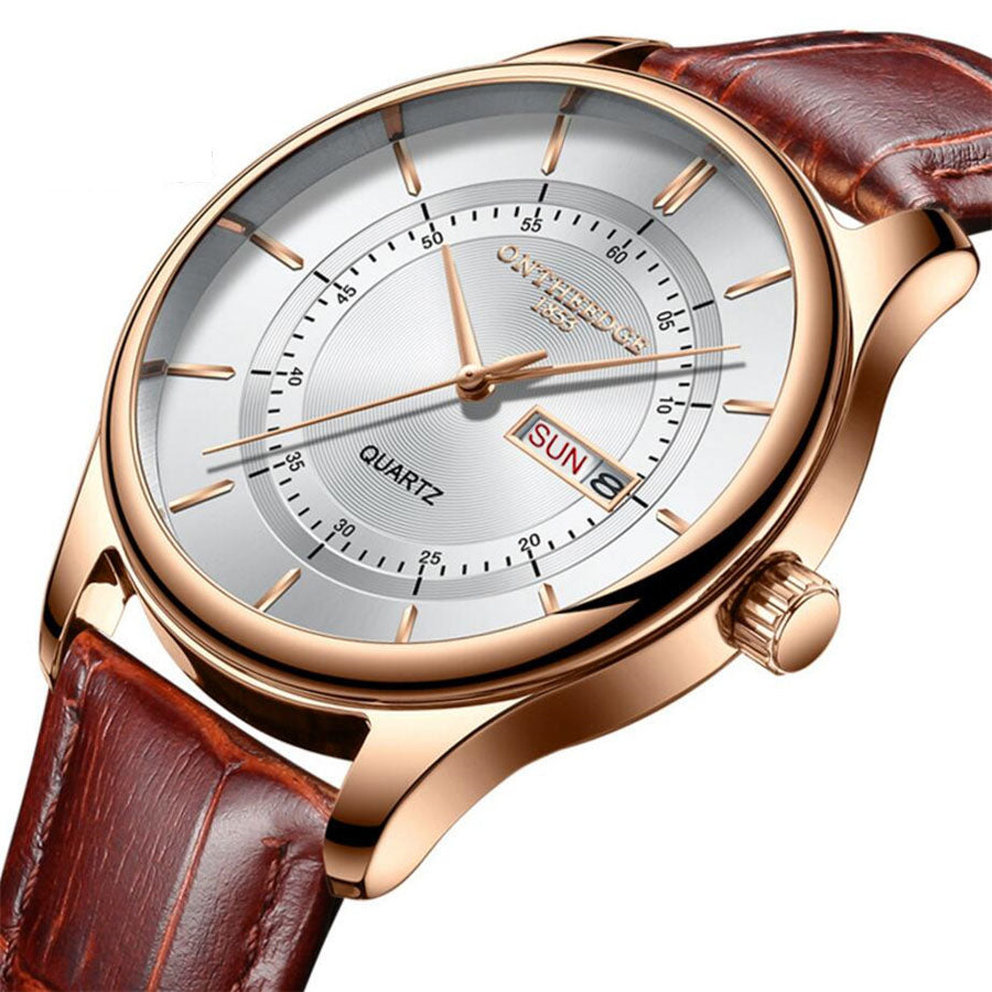 Rose Gold Dial Watch Men Leather Waterproof 30M Watches