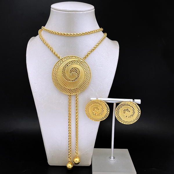 Adjustable Long Necklace Large Round Pendant Earrings Dubai Gold Plated Jewelry For Women