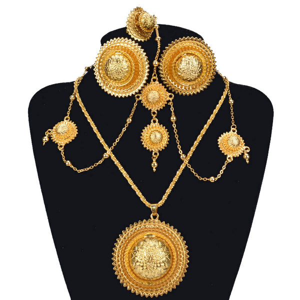 Gold Color African Wedding Earrings Necklaces Rings Headdress Set