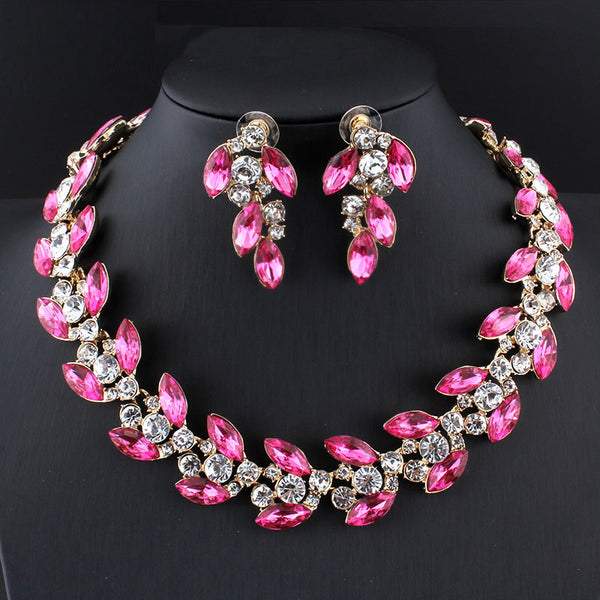 Banquet Dress Accessories Pink Necklace Earrings Gold Color Jewelry Sets