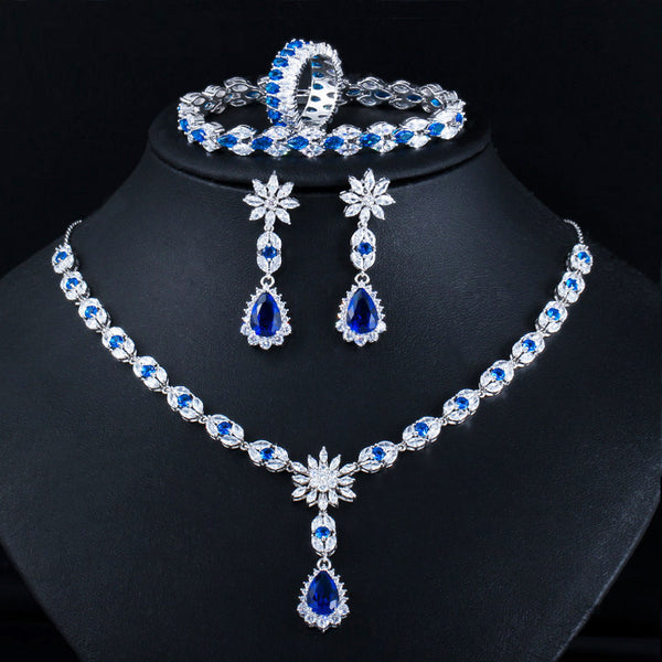 Zircons 4 Pcs Blue Cubic Zircon Crystal Flower  Jewelry Sets