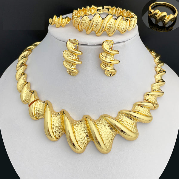 Dubai Gold Color Jewelry Set Snake Pattern Large Necklace Earring Ring Bracelet Set Women