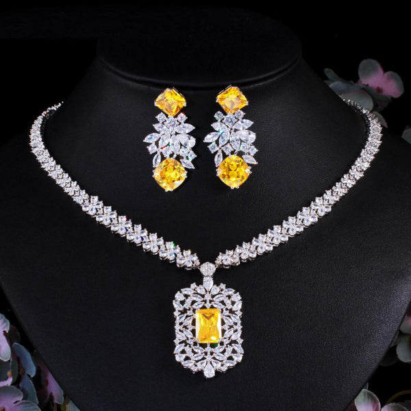 Dubai Yellow Cubic Zirconia Stone Flower Bride Necklace Jewelry Set