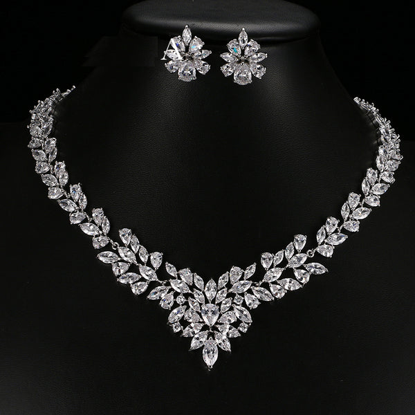 White Gold Plate Flower AAA Cubic Zircon Pendant/Earrings Jewelry Sets