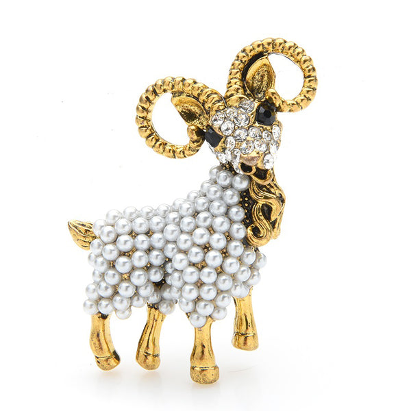 Vintage Pearl Goat Brooches Women Men Alloy Sheep Animal Weddings Party Brooch