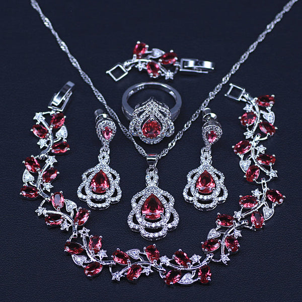 Christmas Gift Pear Rose Red cubic zirconia silver color jewelry sets