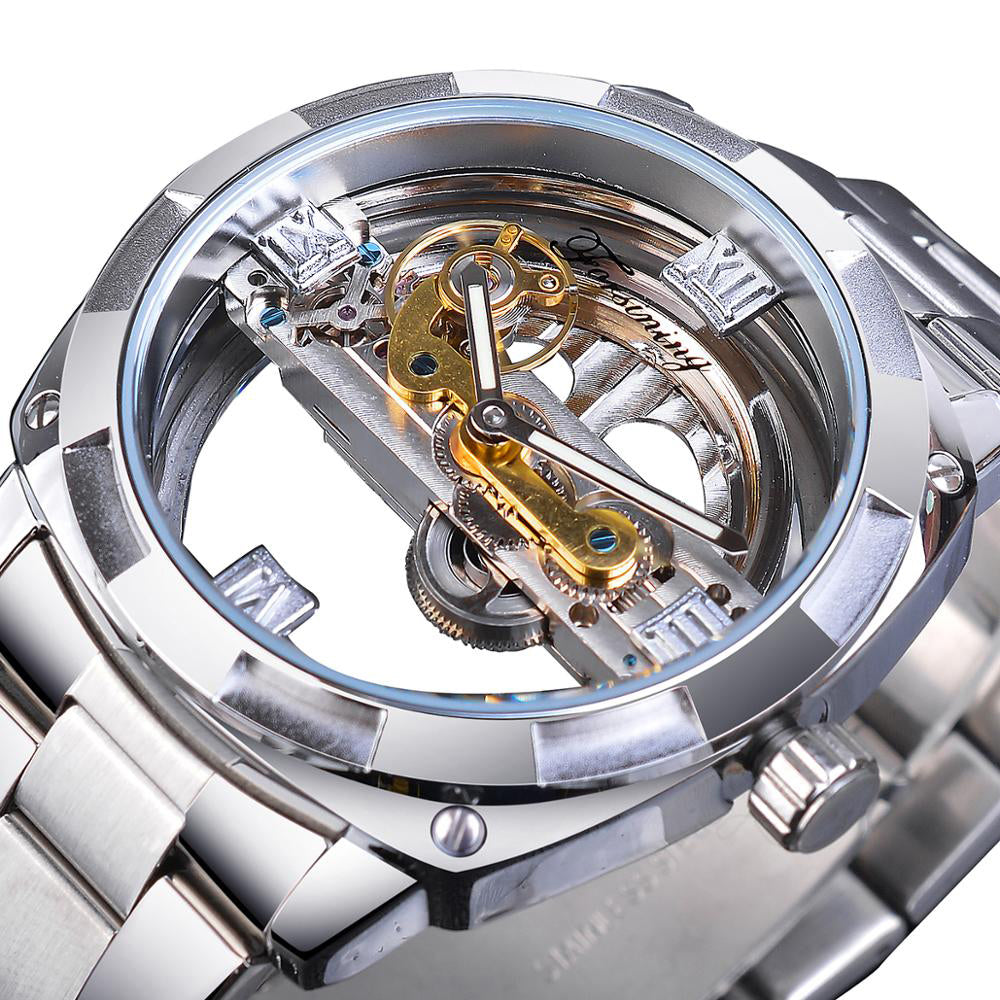 Mechanical Watch Automatic Silver Square Golden Gear Skeleton Watch