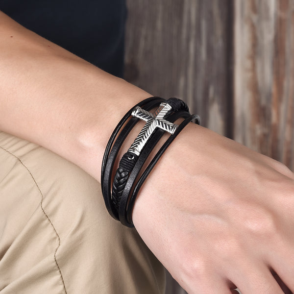 New Style Multi Layer Design Men Leather Bracelet Stainless Steel Cross Classic Hand Bracelets