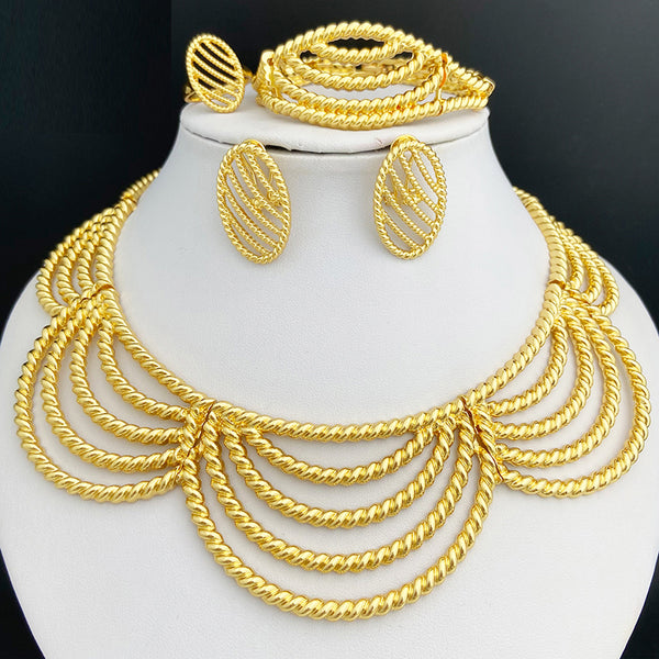 Gold Plated Jewelry Set African Women Necklace Earrings Big Bracelet