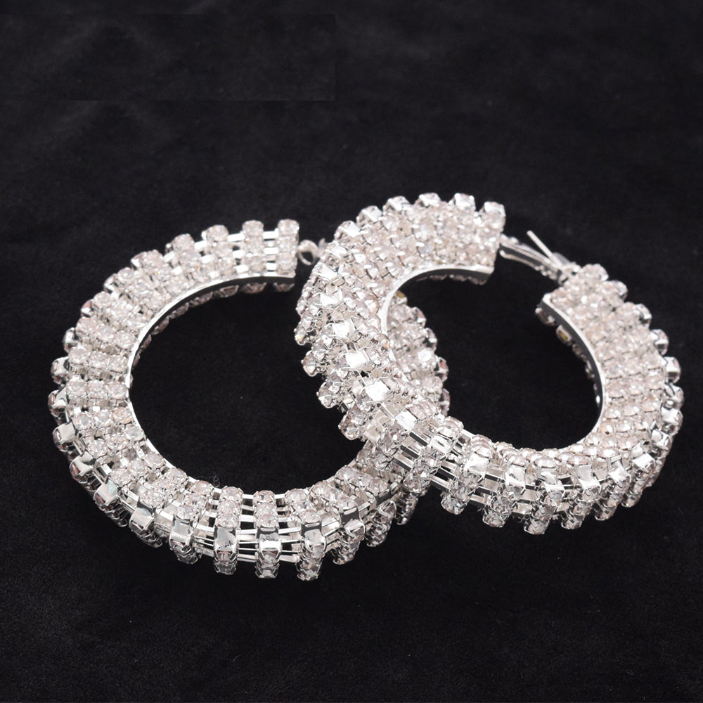 Stereoscopic 7cm Full Rhinestone Three-dimensional Big Hoop Earrings Women