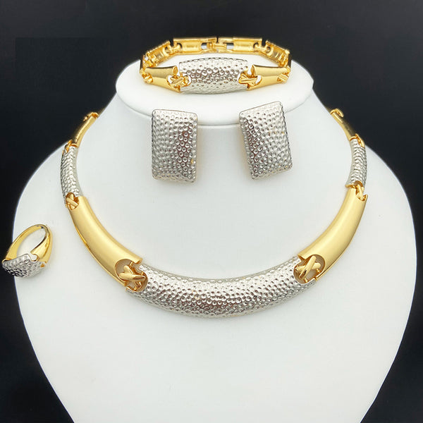 New Italian Gold Plated Jewelry Set of 4 Dubai Fashion Necklace Earrings Ring Bracelet Set