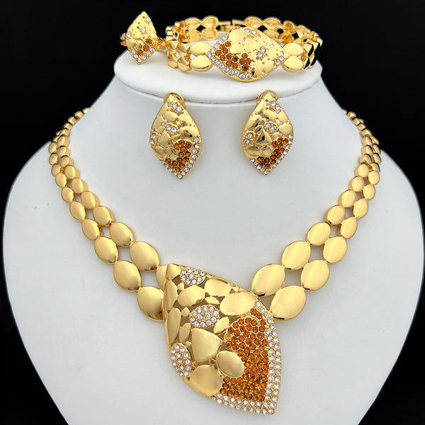 Dubai Gold Color Fashion Jewelry Necklace Earing Bracelet Ring Four Pieces Set For Women