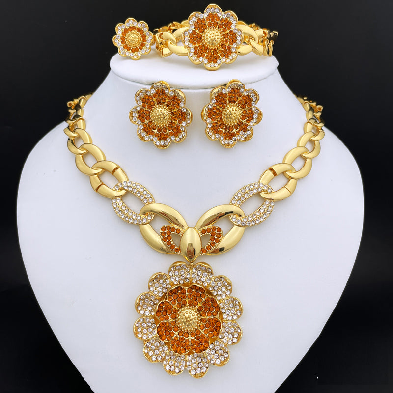 Dubai Gold Color Jewelry Set Women Necklace Earrings Flower Large Pendant