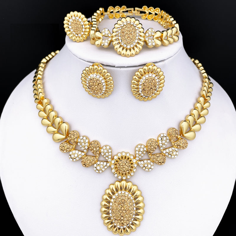 Dubai Gold Color Jewelry Set Women Necklace Earrings Round Pendant