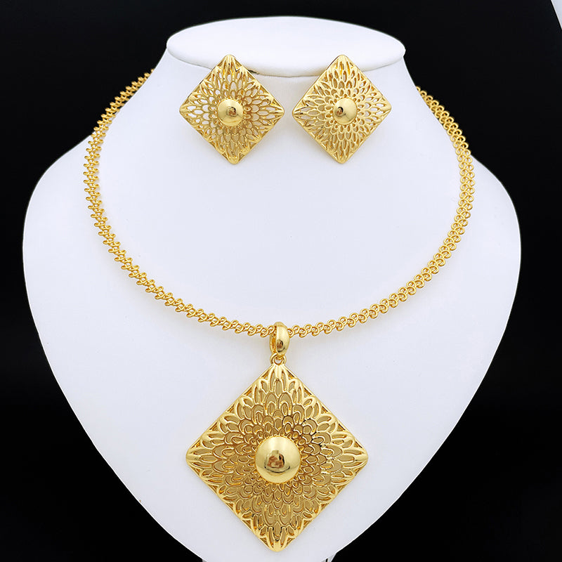 Necklace With Earrings For Women Square Large Pendant Brazilian Gold Jewelry Set