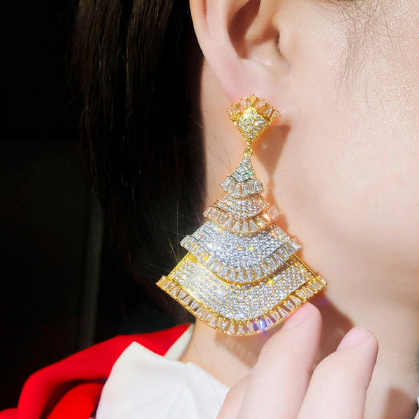 3 Tone Gold Christmas Tree Shiny Cubic Zirconia Nigerian Big Statement Long Dangle Earrings