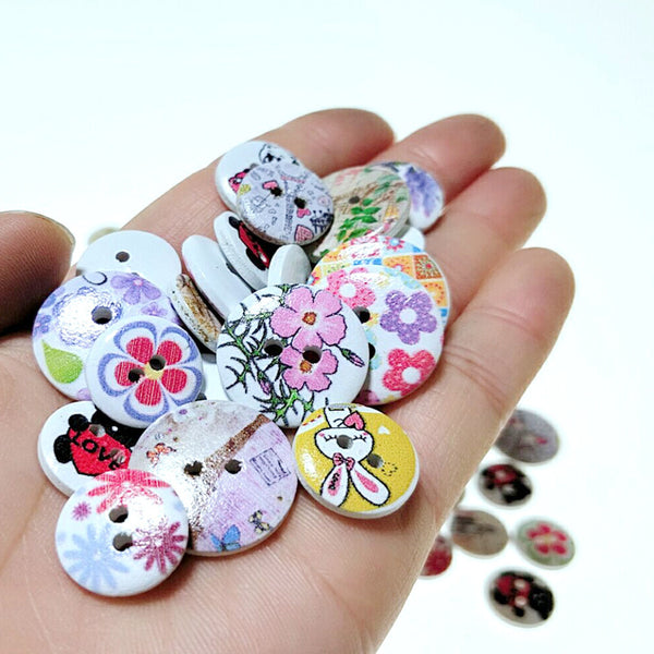 30pcs 15MM-20MM Printed Cartoon Flower Wood  Buttons