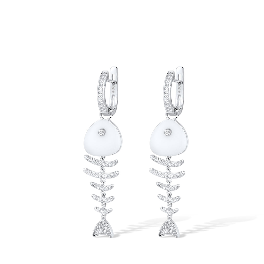 925 Sterling Silver Drop Earrings  Fish Bone Sparkling White Cubic Zirconia Earrings