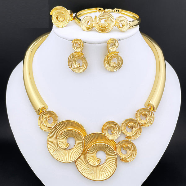 African Gold Plated Jewelry Sets For Women Large Necklace Round Earrings Charm Bracelet