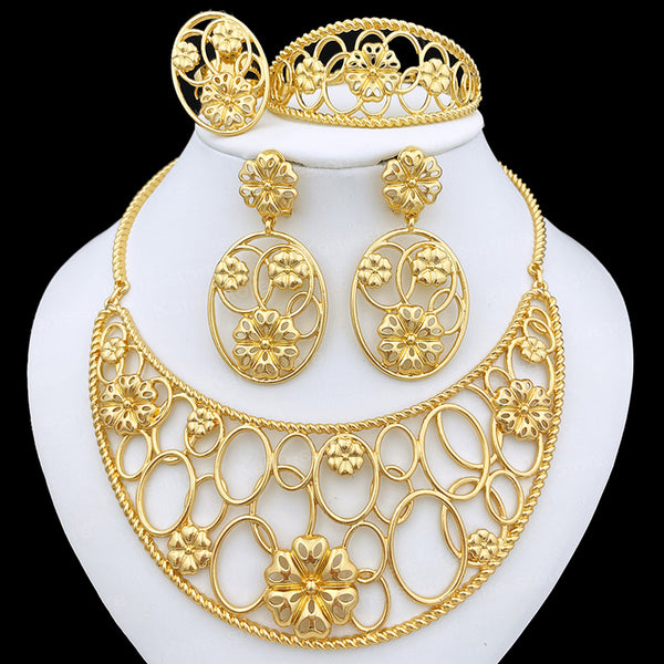 Gold Color Jewelry Sets Large Necklace And Earrings Designed For Beautiful Noble Women