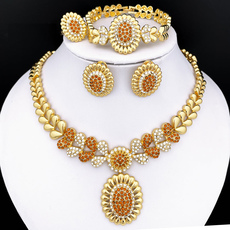 Dubai Gold Color Jewelry Set Women Necklace Earrings Round Pendant