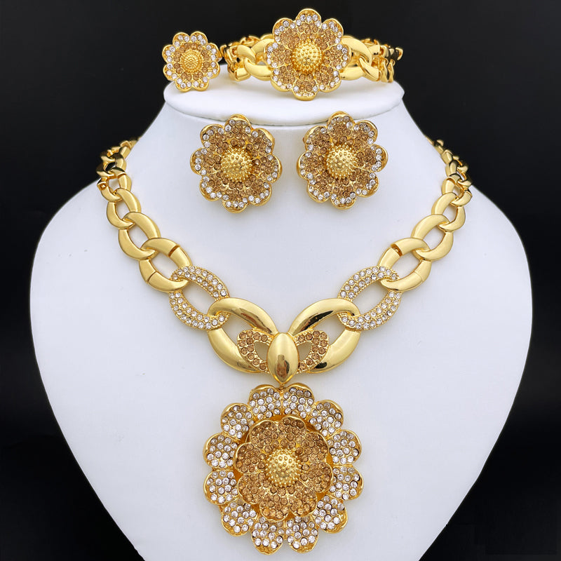 Dubai Gold Color Jewelry Set Women Necklace Earrings Flower Large Pendant