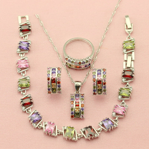 Square Multicolor Cubic Zirconia Silver Color Jewelry Sets