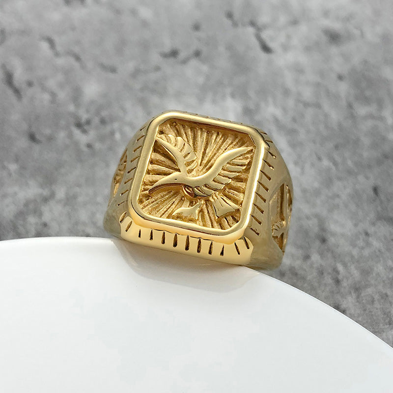 Bald Eagle Signet  Gold Plated Bird Ring For Men