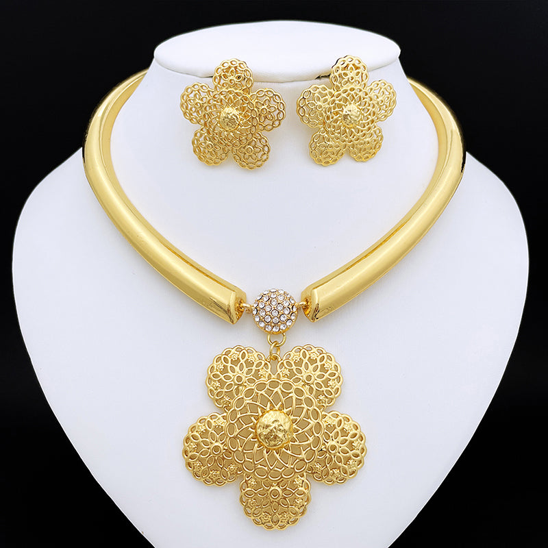 Necklace With Earrings For Women Square Large Pendant Brazilian Gold Jewelry Set